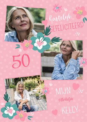 Polka Dot Bloemen Collage 50e Verjaardag Kaart