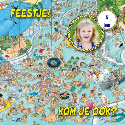Feestje Kom Je Ook Geïllustreerd Zwembad Foto Upload 5e Verjaardag Kaart