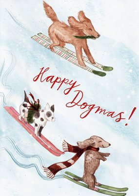 Happy Dogmas Geïllustreerde Skiënde Honden Kerstkaart