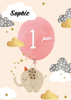 Geïllustreerde Olifant Met Ballon 1e Verjaardag Kaart