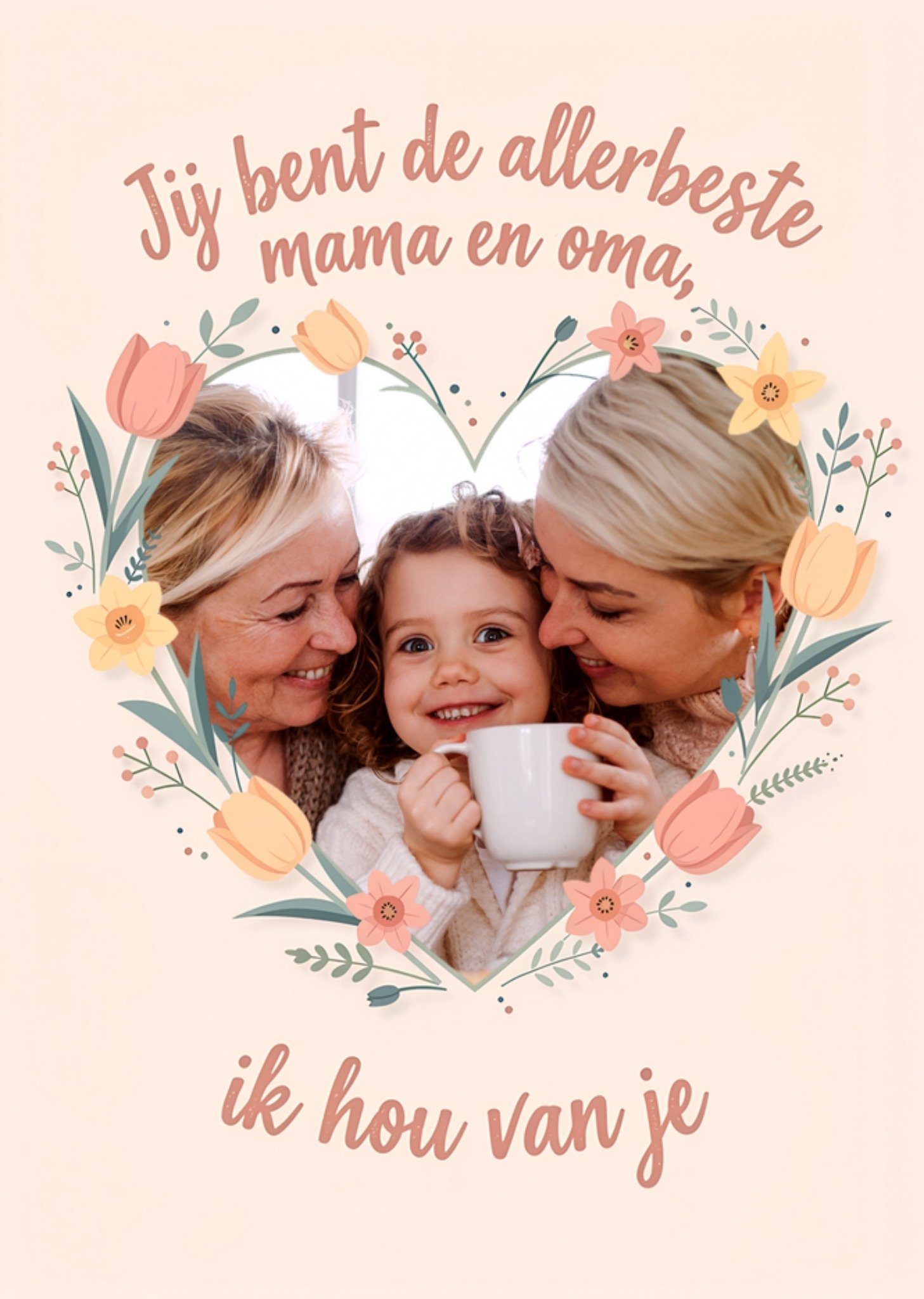 Moederdagkaart Bloemenhart voor mama en oma Aanpasbare foto Greetz