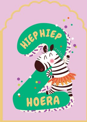 Hiep Hiep Hoera Geïllustreerde Zebra 2e Verjaardagskaart