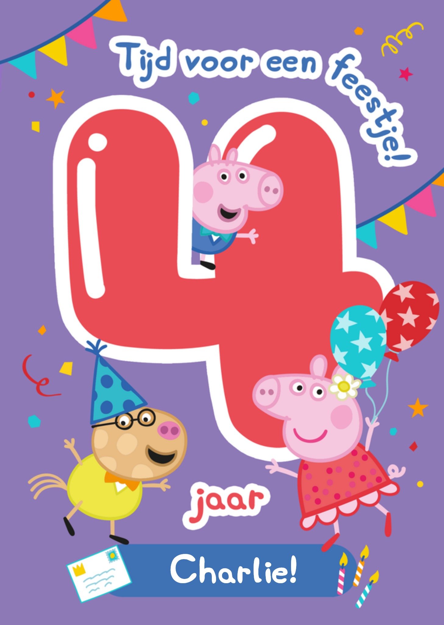 Verjaardagskaart Tijd Voor Een Feestje! 4 Jaar Aanpasbare tekst Kaart Peppa Pig