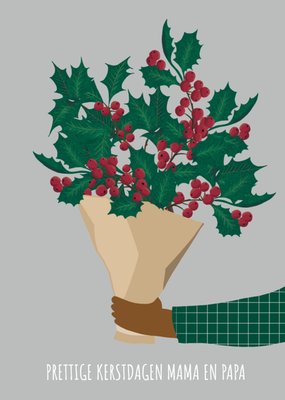 Geïllustreerd Hulstboeket Mama En Papa Kerstmis Kaart
