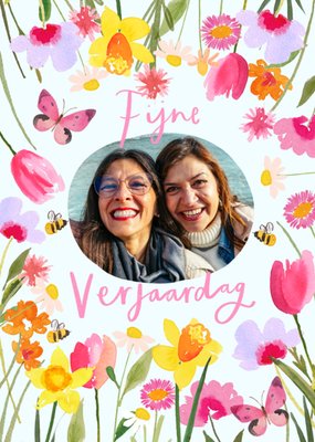 Fijne Verjaardag Aquarel Bloemen Foto Upload Kaart