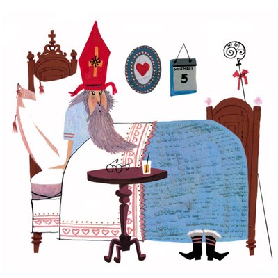 Geïllustreerd Sinterklaas In Bed 5 December Kaart