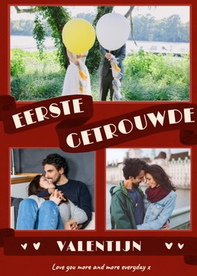 Eerste Getrouwde Valentijn Collage Met Rood Lint Kaart