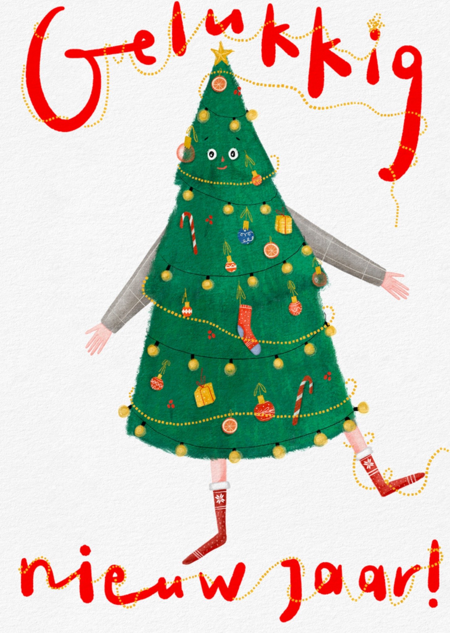 Gozde Nieuwjaarskaart Gelukkig Nieuw Jaar Grappige Dansende Kerstboom Illustratie Standard Card