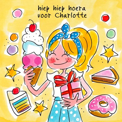 Geïllustreerd Meisje Met IJsje Verjaardag Kaart
