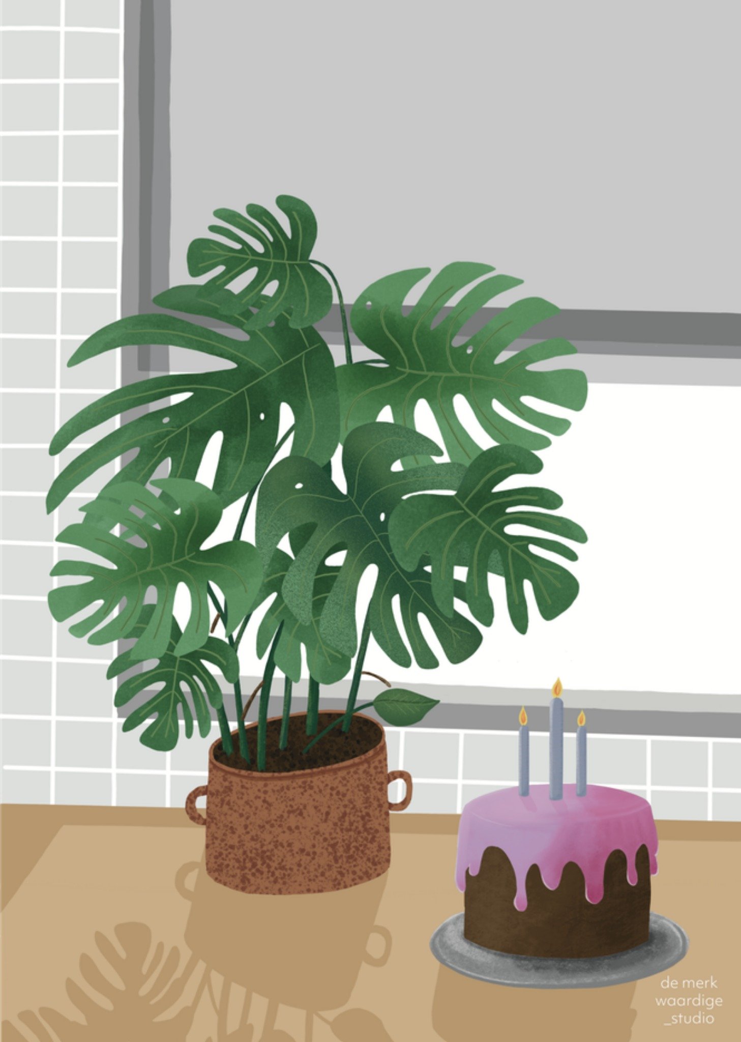 De Merkwaardige Studio Verjaardagskaart Monstera Taart Kaart De merkwaardige studio