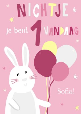 Geïllustreerd Konijn Met Ballonnen Nichtje 1e Verjaardag Kaart