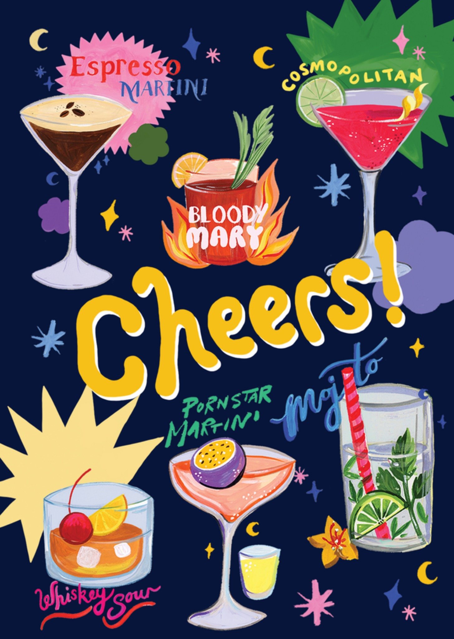 Verjaardagskaart Cheers Cocktails Illustratie Kaart Eleanor Bowmer