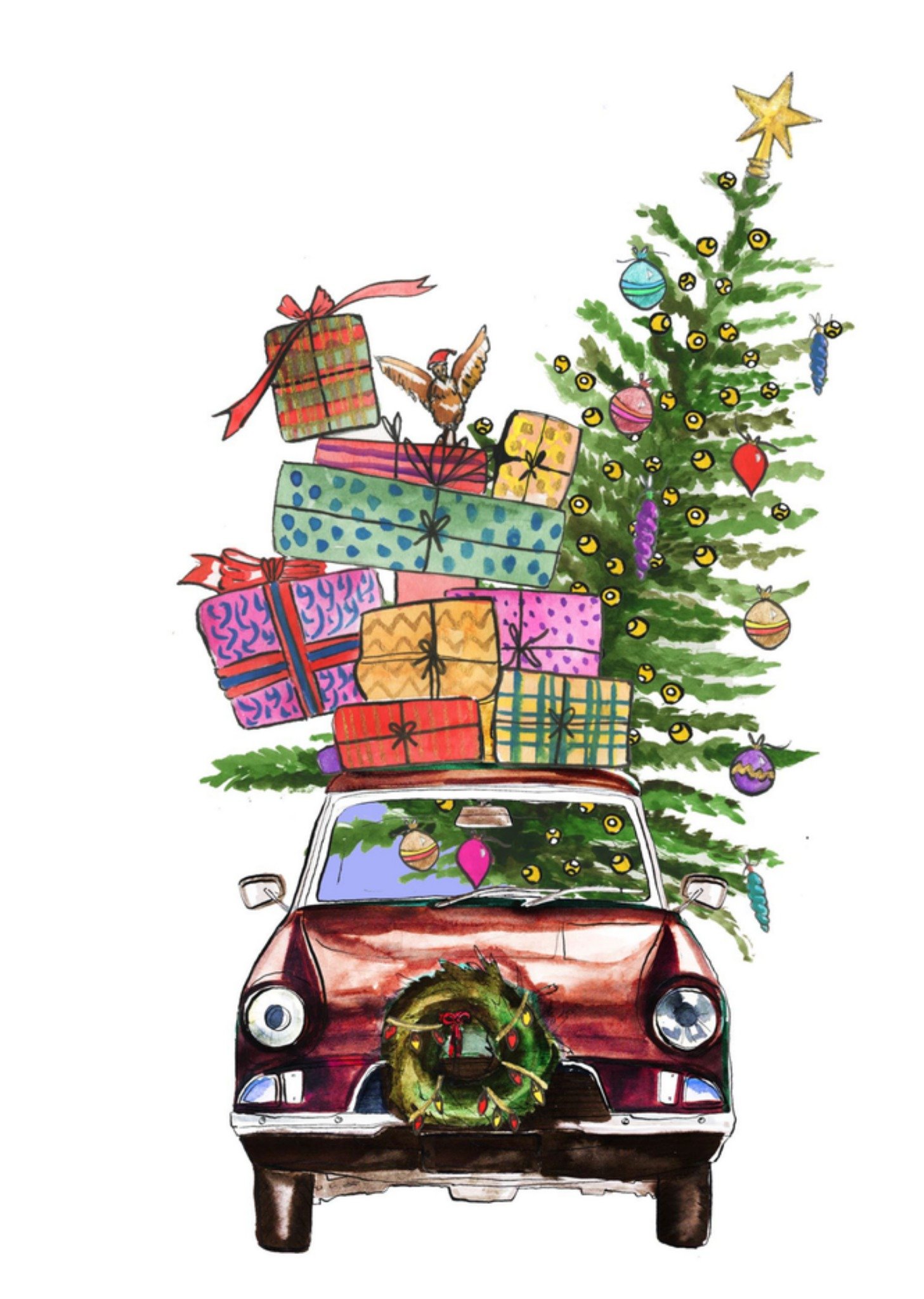 Kerstkaart auto illustratie Marie Bodié