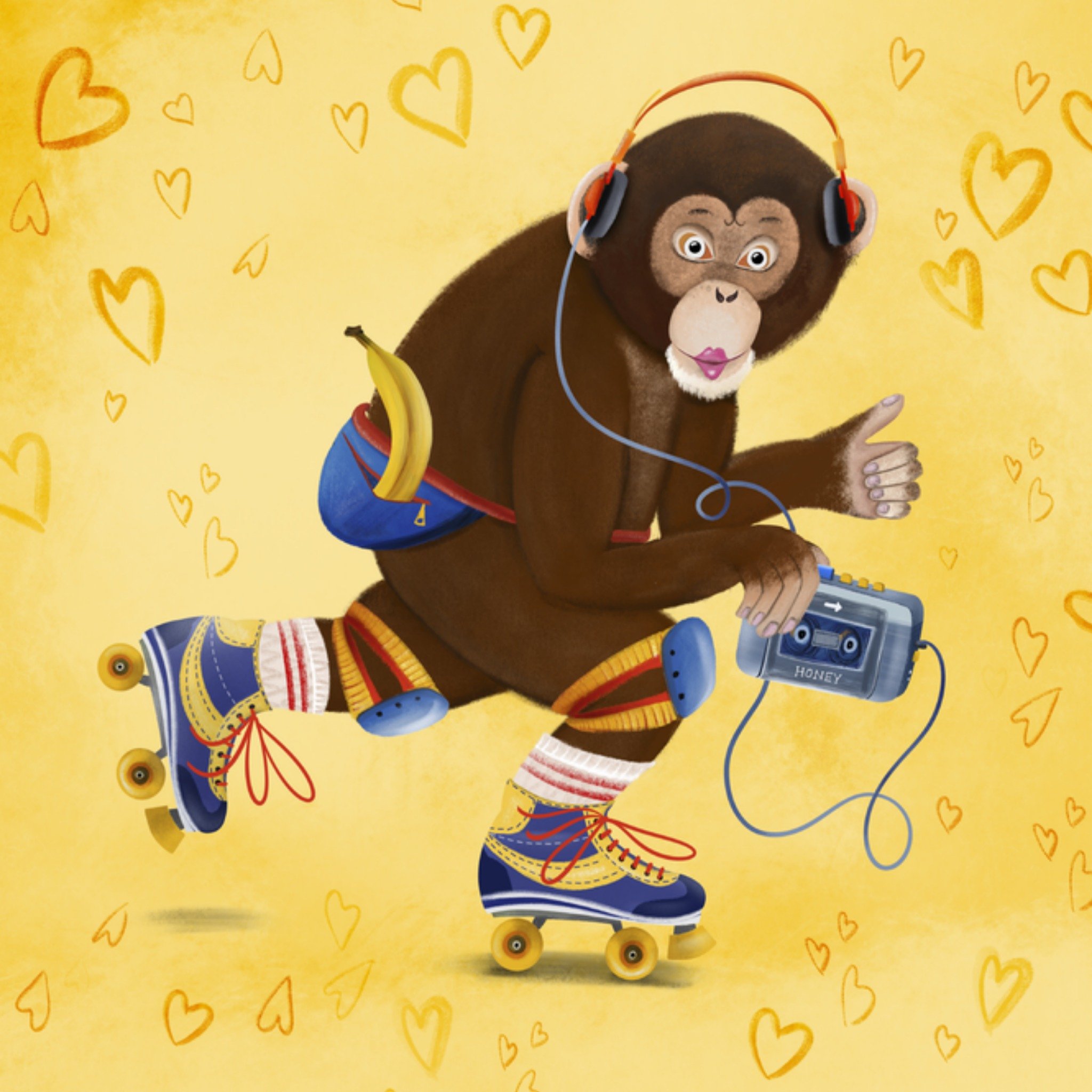 Patricia Hooning Denken aan kaart Aap rolschaatsen Vierkante Kaart Fishuals