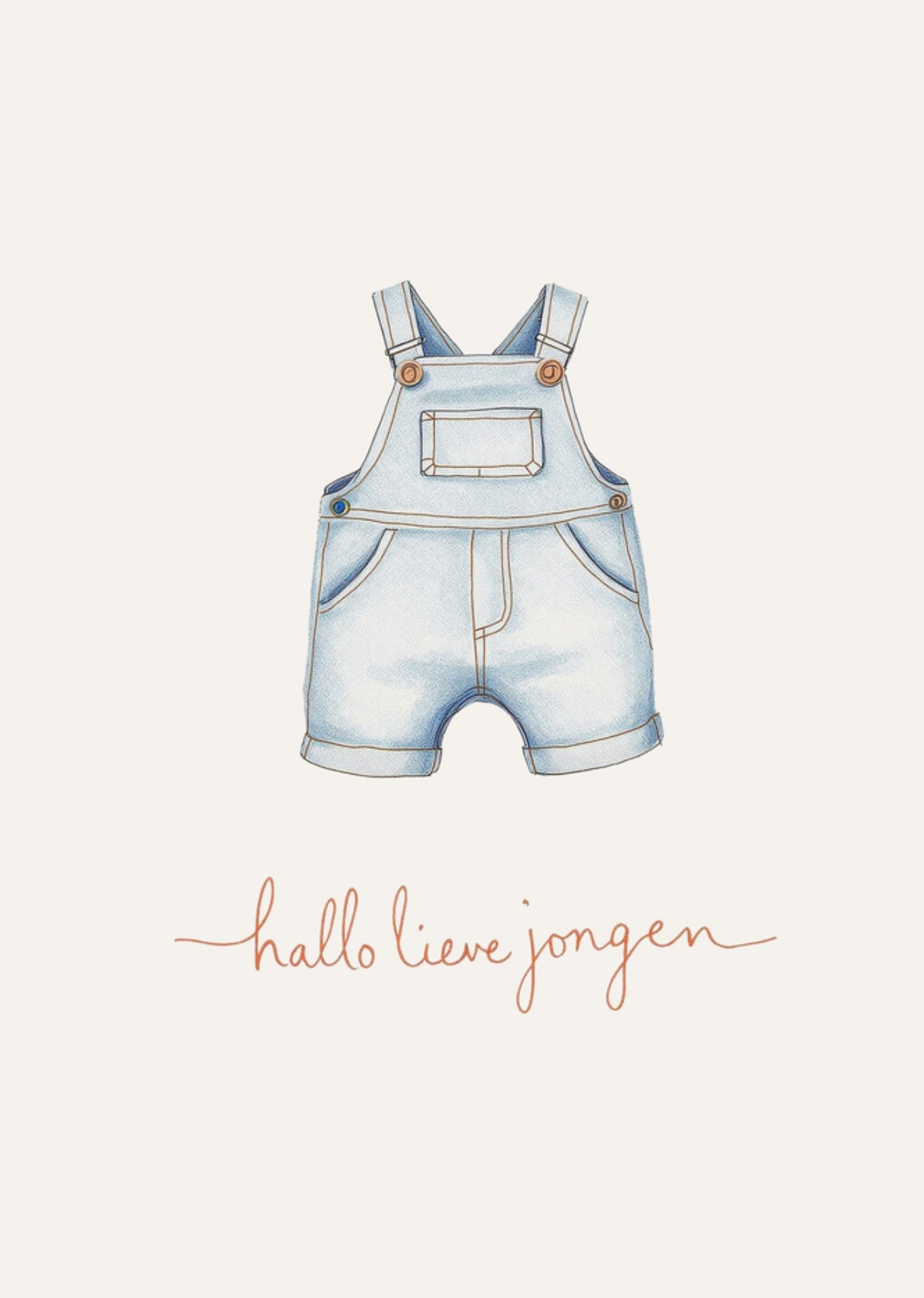Geboortekaart Hallo lieve jongen Geïllustreerde denim tuinbroek Kaart Greetz