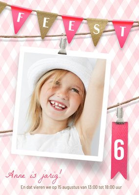 Ruitpatroon Foto Upload 6e Verjaardag Uitnodiging Kaart