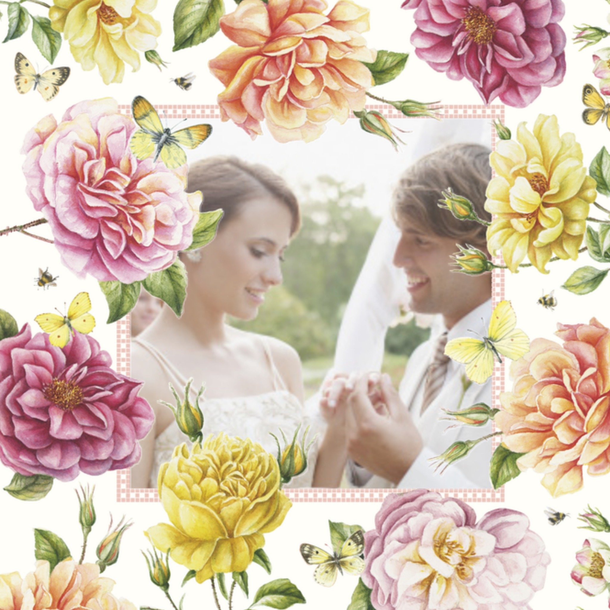 Huwelijkskaart Foto met romantische bloemen Vierkante Kaart Janneke Brinkman