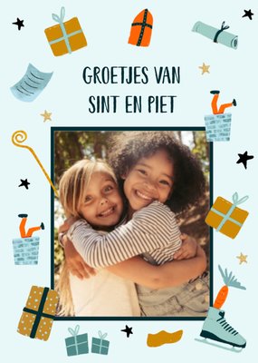 Groetjes Van Sint En Piet Geïllustreerde Cadeaus Foto Upload Sinterklaas Kaart