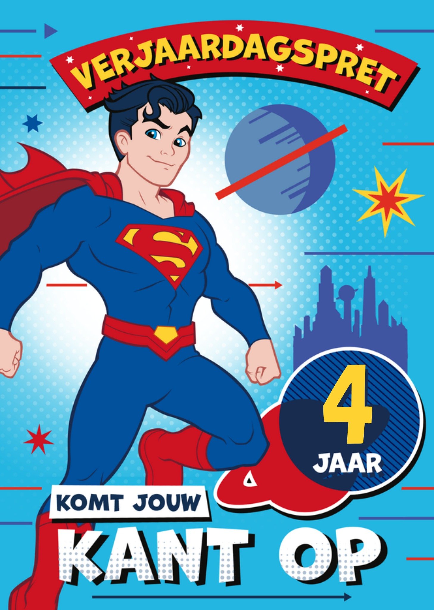 Warner Bros Verjaardagskaart Superman Verjaardagspret komt jouw kant op 4 jaar Aanpasbare tekst Kaart Greetz