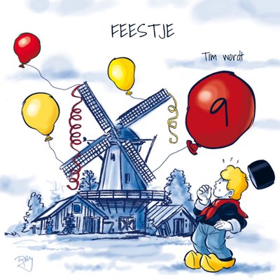 Geïllustreerd Molen Met Ballonnen 9e Verjaardag Kaart