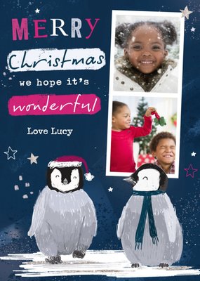Geïllustreerde Pinguïns Foto Upload Kerstmis Kaart