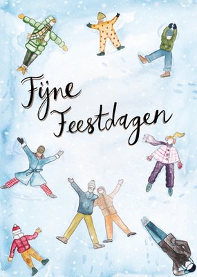 Mensen Die In De Sneeuw Spelen Fijne Feestdagen Kerstkaart
