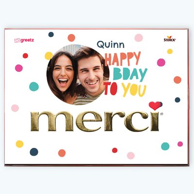 Merci | Happy Bday met eigen foto en naam | 675g