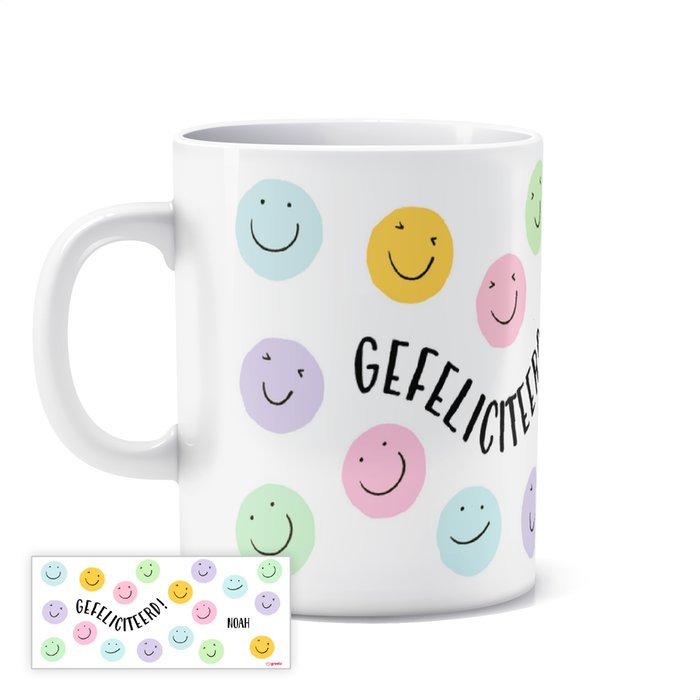 Mok | Gefeliciteerd smileys | met eigen naam