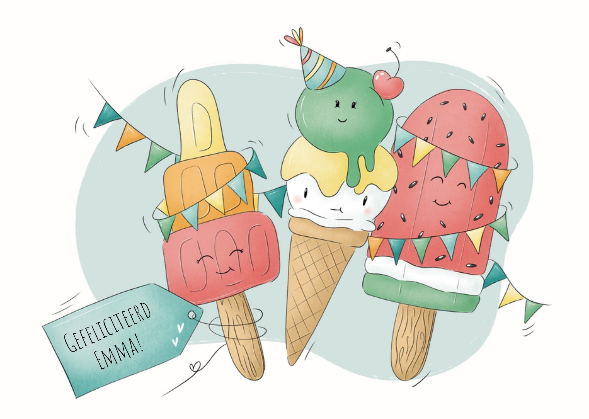 Verjaardagskaart Ijsjes Aanpasbare naam Kaart Studio Fred Illustraties