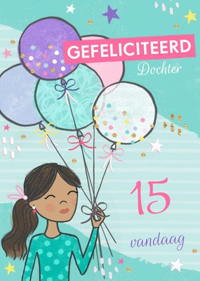 Geïllustreerd Meisje Met Ballonnen Dochter 15e Verjaardag Kaart
