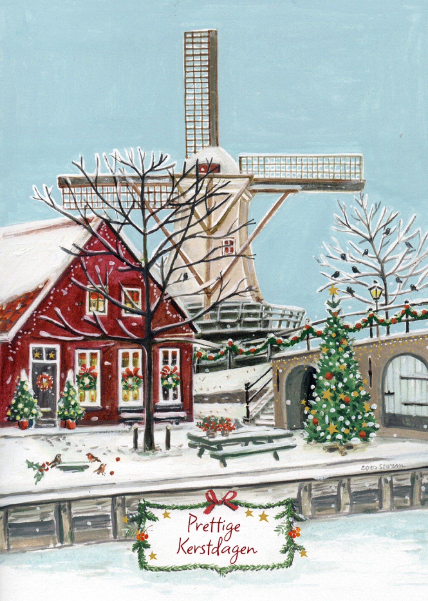 Kerstkaart Traditionele windmolenscène Paperclip