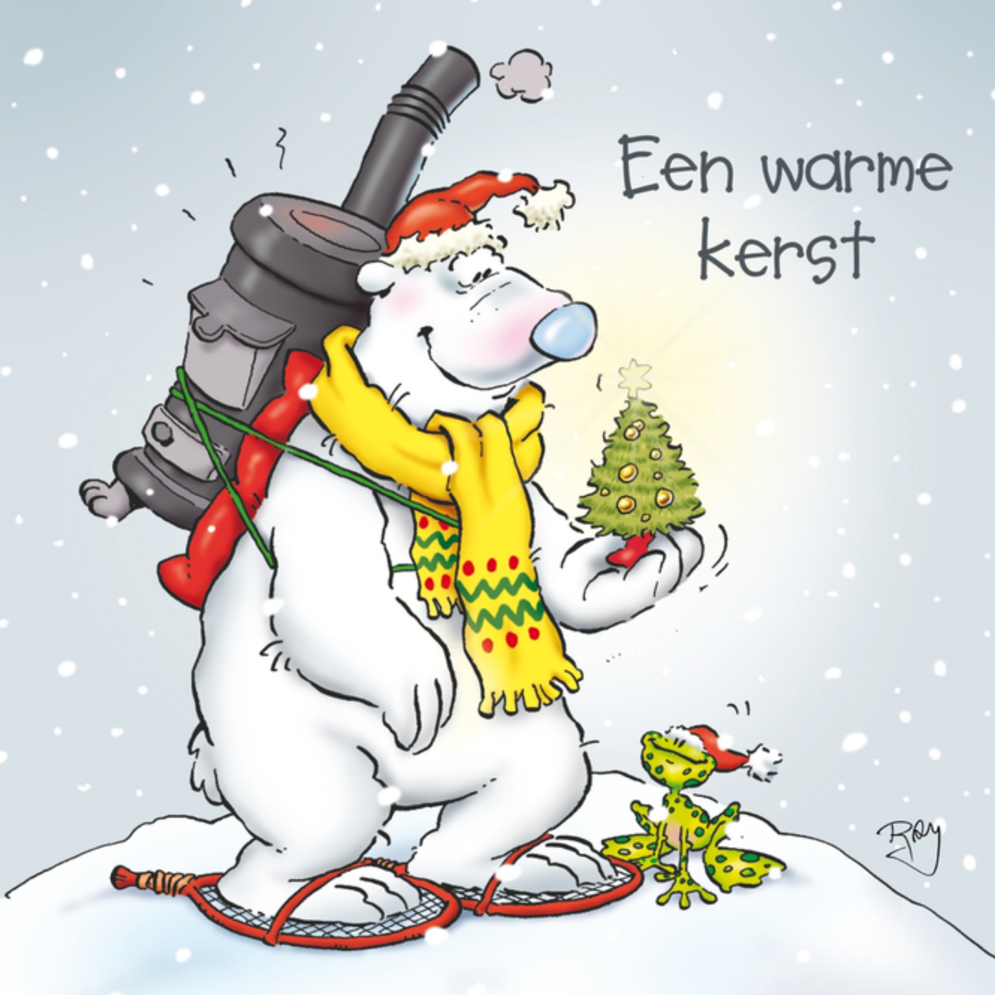 Kerstkaart ijsbeer kachel Doodles