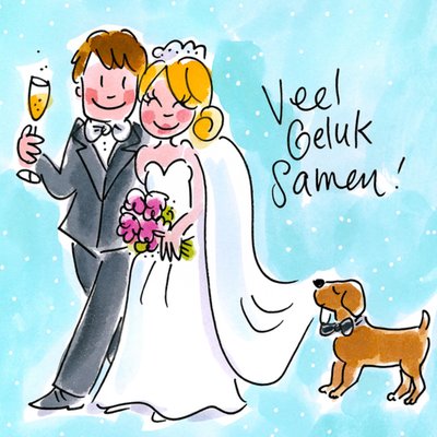 Geïllustreerd Bruidspaar Met Hond Huwelijk Kaart