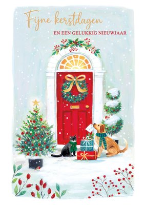 Geïllustreerde Voordeur Met Dieren Kerstkaart
