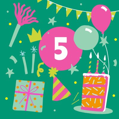 Illustratie Met Taart En Ballonnen 5e Verjaardag Kaart