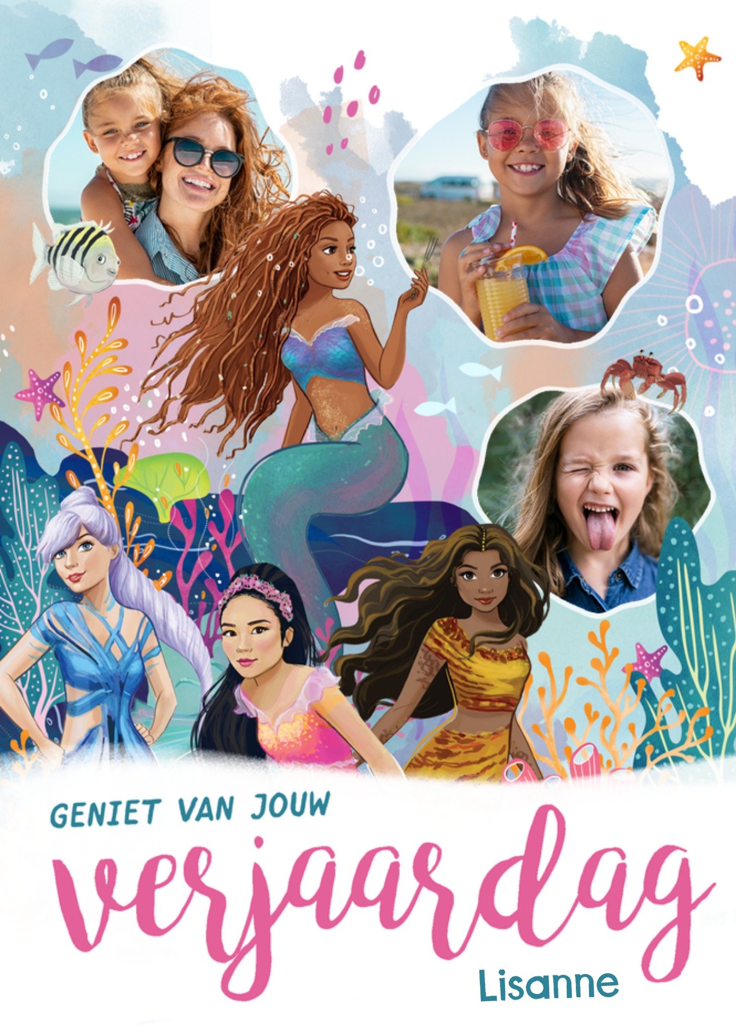 Verjaardagskaart Zeemeermin Met fotos en naam Kaart The Little Mermaid