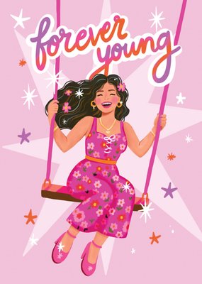 Forever Young Geïllustreerde Vrouw Op Schommel Kaart