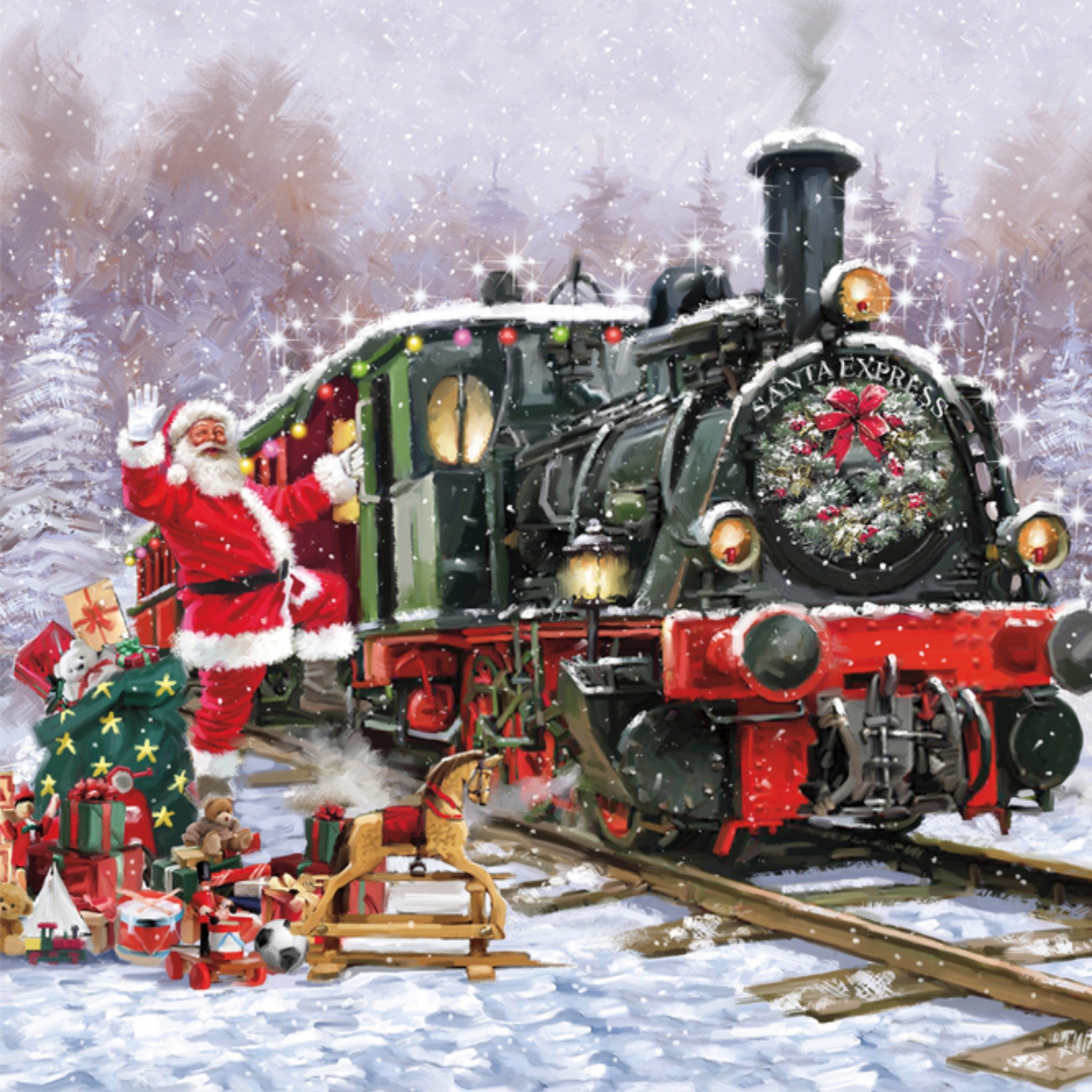 UK Greetings Kerstkaart Getekend Trein Vierkant