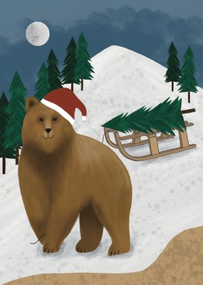 De Merkwaardige Studio | Kerstkaart | Geïllustreerde kerstscène van een bruine beer