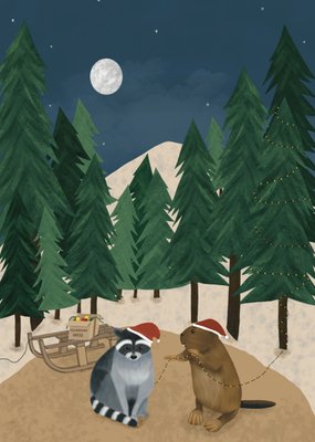 De Merkwaardige Studio | Kerstkaart | Geïllustreerde feestelijke scène met wasbeer en bever