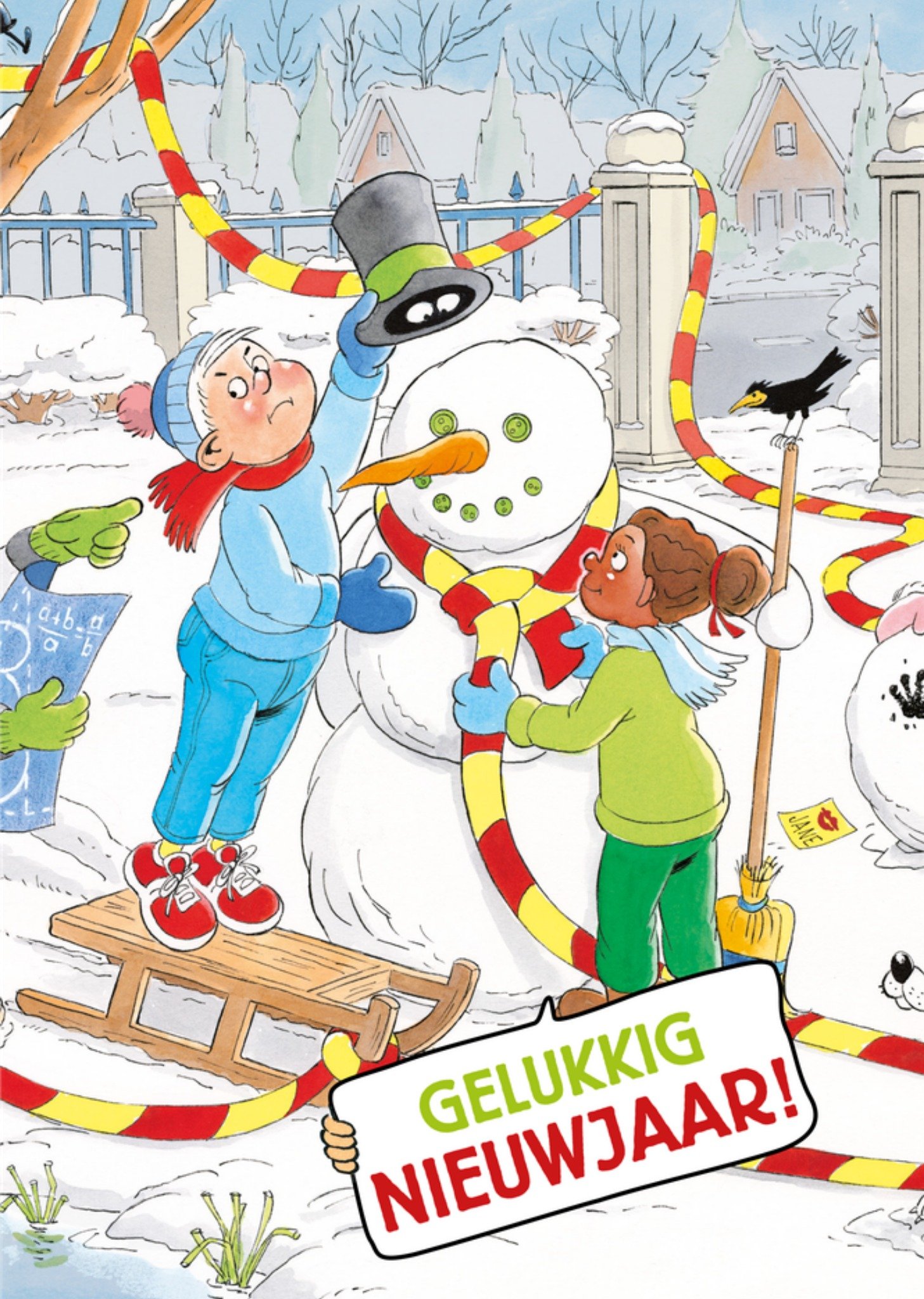 Nieuwjaarskaart Sneeuwman Kaart Jan van Haasteren Junior