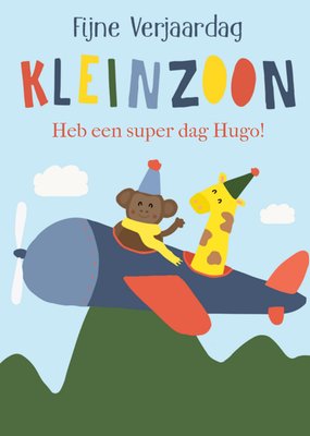 Heb Een Super Dag Geïllustreerd Vliegtuig Met Dieren Kleinzoon Verjaardag Kaart