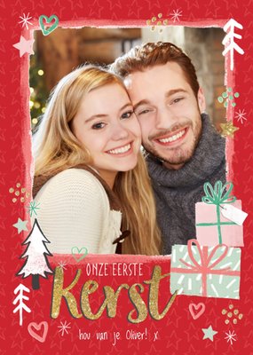 Onze Eerste Kerst Geïllustreerd Cadeaus Foto Upload Kaart