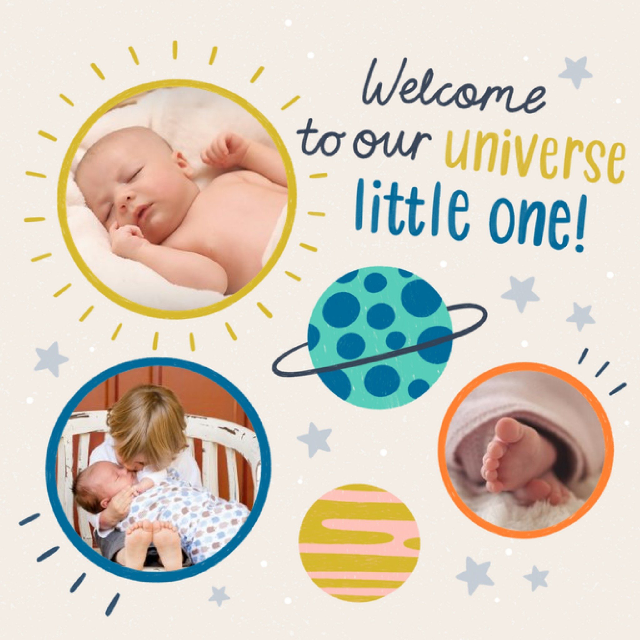 Greetz Geboortekaart Welcome to our universe Met fotos Vierkant