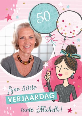 Geïllustreerd Vrouw Met Ballonnen Foto Upload Tante 50e Verjaardag Kaart