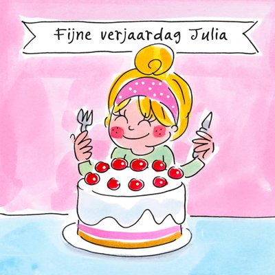 Geïllustreerd Meisje Met Taart Verjaardag Kaart