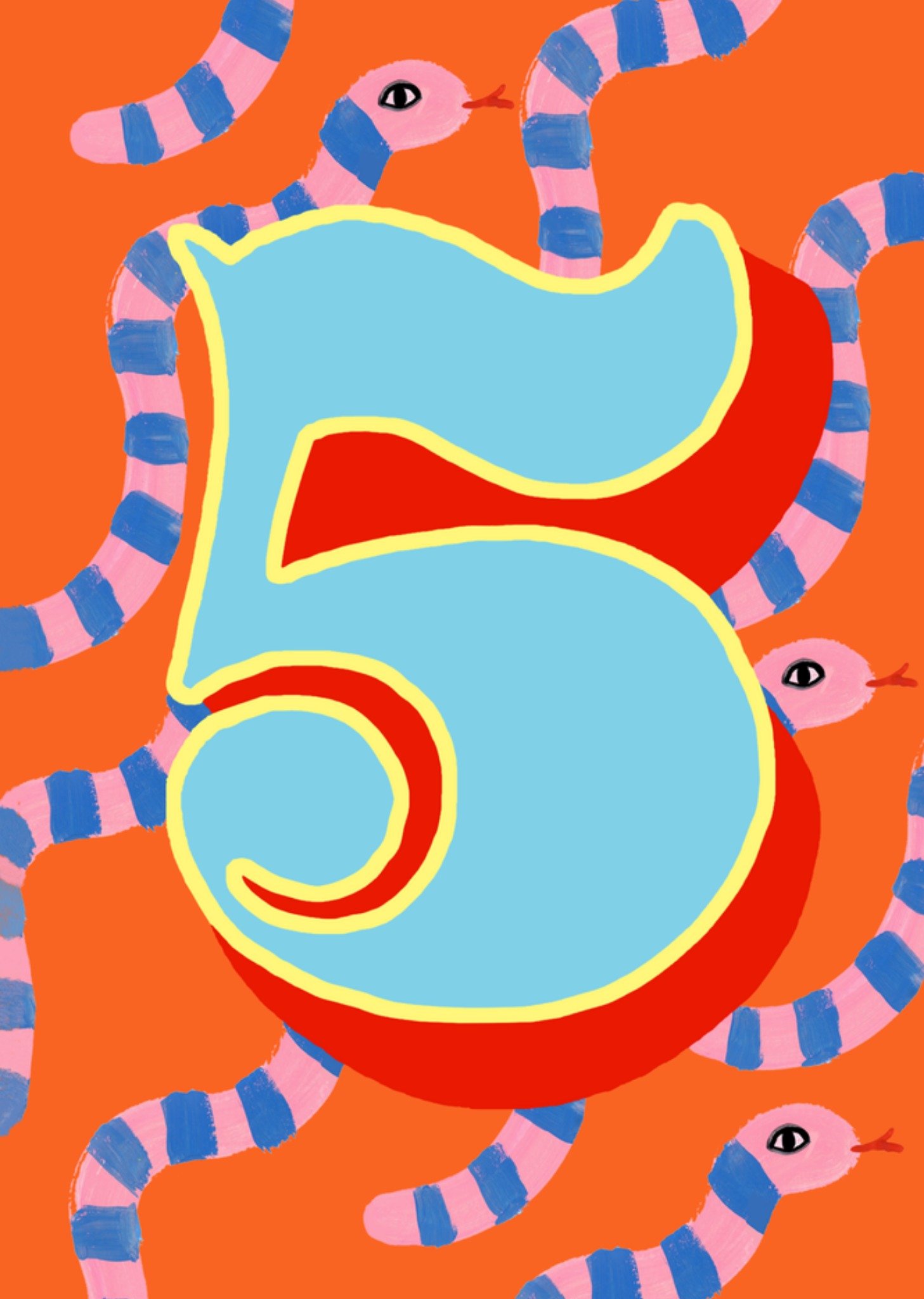 Verjaardagskaart 5e verjaardag Geïllustreerd nummer 5 met slangenpatroon Kaart Eleanor Bowmer
