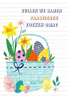 Zullen We Samen Paaseieren Zoeken Oma Geïllustreerde Mand Met Eieren Kaart