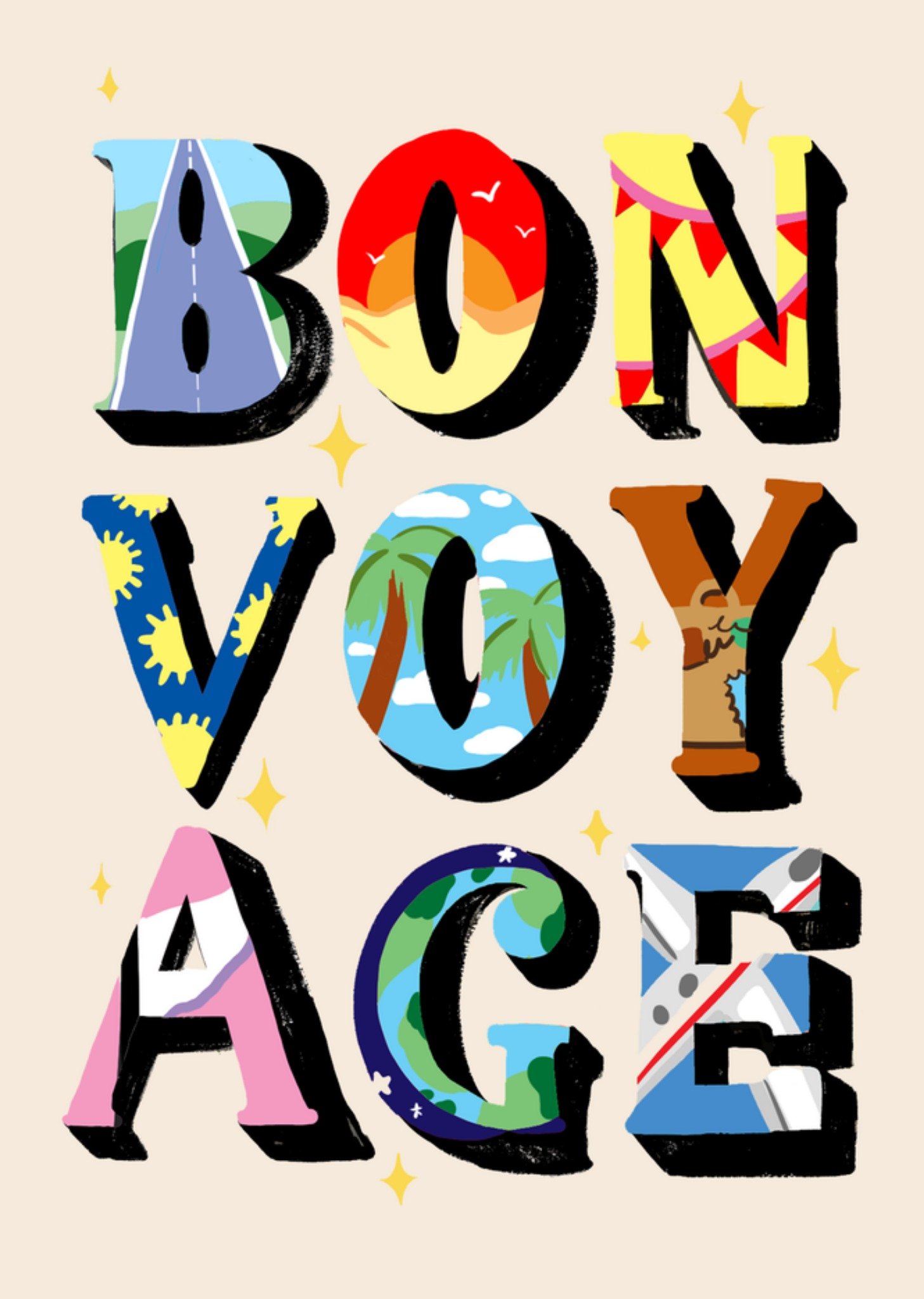 Vakantiekaart Bon Voyage Typografie Kaart Eleanor Bowmer