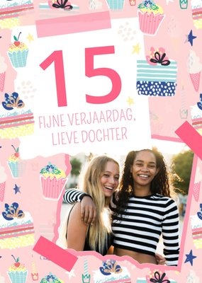 Geïllustreerd Cupcake Patroon Foto Upload Dochter 15e Verjaardag Kaart